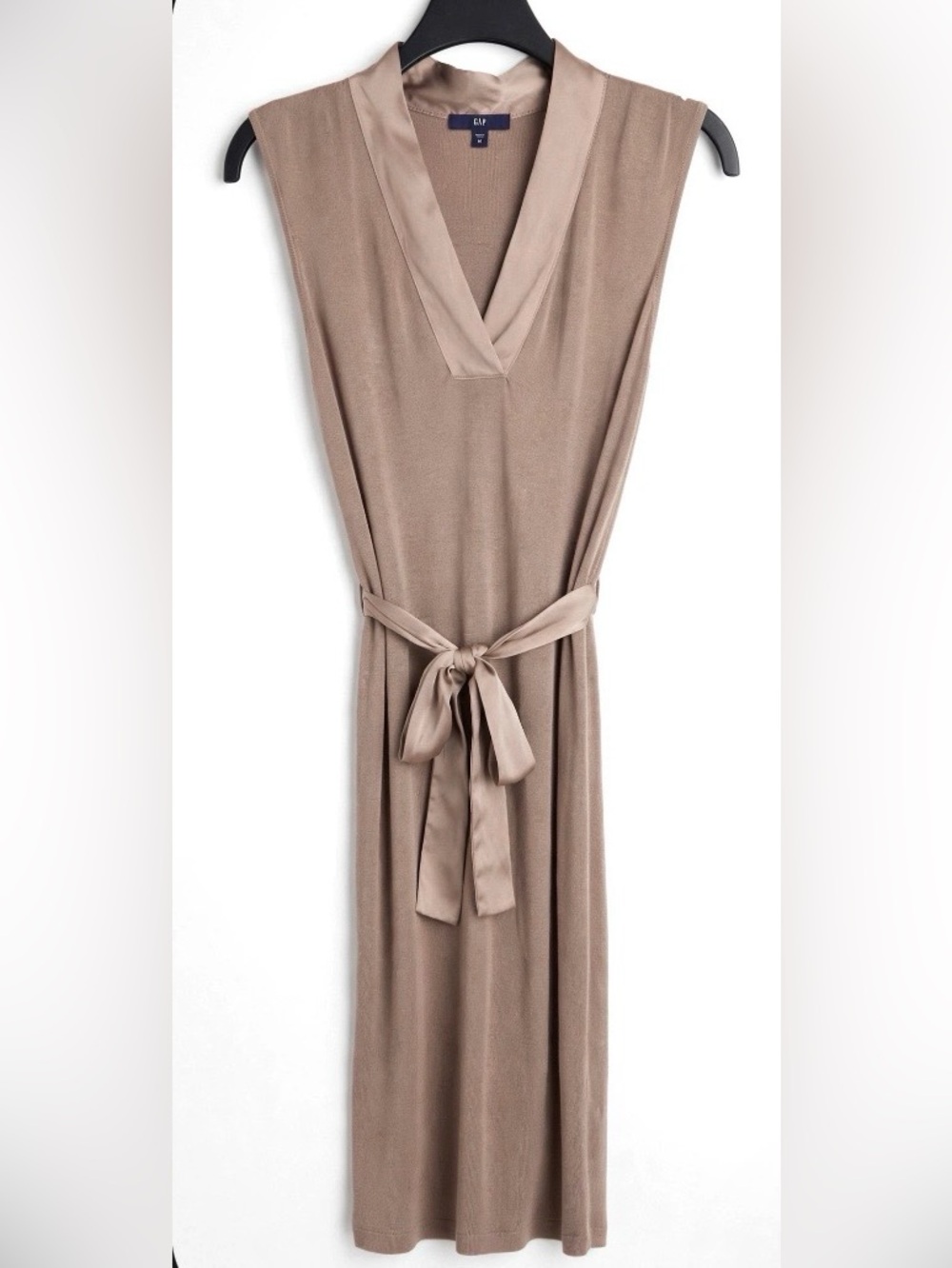 GAP Taupe Sleeveless V-Neck Knit Dress with Silk Tie Sz. M